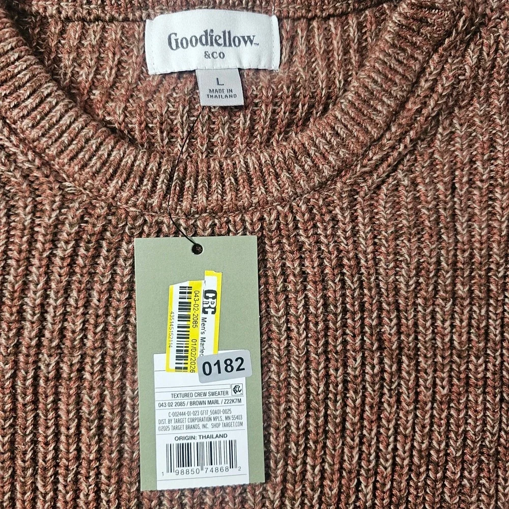 Goodfellow & Co Mens Textured Crewneck Sweater Brown Marl Ribbed Knit Pullover L
